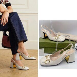 Gucci GG Slingback Horsebit Pumps Chunk Heel Mystic White Leather EU 39.5 US 9.5